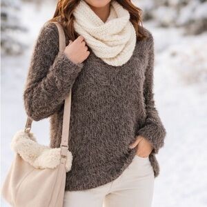 Joe Fresh Brown Eyelash Fuzzy Sweater L Cozy Winter Knit
